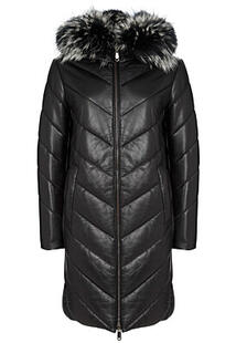 Утепленное кожаное пальто с отделкой мехом енота La Reine Blanche 353617