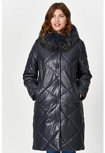 Утепленное кожаное пальто с отделкой мехом енота La Reine Blanche 353616