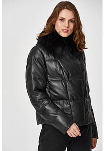 Утепленная кожаная куртка с отделкой мехом енота La Reine Blanche 341636
