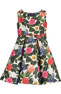 Платье из хлопка и шелка с принтом и контрастным поясом Oscar de la Renta 2572099
