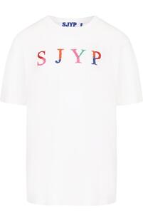 Хлопковая футболка с круглым вырезом и контрастной вышивкой Steve J & Yoni P 2949036
