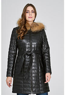 Утепленное кожаное пальто с отделкой мехом енота La Reine Blanche 313476
