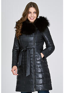 Утепленное кожаное пальто с отделкой мехом енота La Reine Blanche 312359