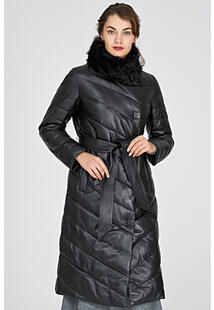 Утепленное кожаное пальто с отделкой мехом козлика La Reine Blanche 308034