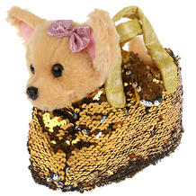 Мягкая игрушка Мой питомец Собака в сумочке из пайеток золото 15 см цвет: бежевый/золотой 11423008