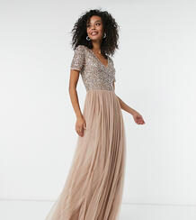 Светло-розовое платье макси из тюля с V-образным вырезом и пайетками Bridesmaid-Коричневый Maya Tall 8002630