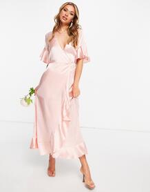 Розовое атласное платье макси с оборками для подружки невесты Bridesmaid-Розовый цвет Ax Paris 11115862