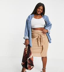 Темно-бежевая юбка миди из жатого материала с запахом ASOS DESIGN Curve-Светло-бежевый Asos Curve 11389610