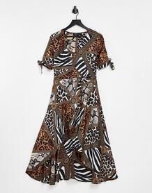 Платье на запахе с глубоким вырезом и комбинированным звериным принтом -Multi Ax Paris 11114724