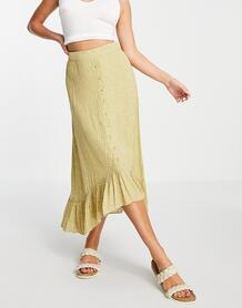Лаймовая юбка-миди на пуговицах спереди с ярусным подолом и принтом в пятнышко (от комплекта) -Зеленый цвет VILA 11842122