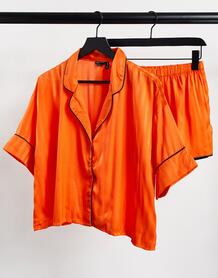 Жаккардовый атласный пижамный комплект из рубашки с короткими рукавами и шорт оранжевого цвета в полоску -Оранжевый цвет ASOS DESIGN 11461604