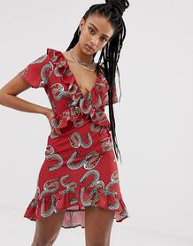 Чайное платье с оборками и змеиным принтом -Красный Sacred Hawk 7989089