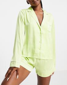 Атласный пижамный комплект цвета лайма из рубашки с длинными рукавами и кантом и шорт -Разноцветный ASOS DESIGN 11249464