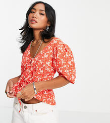 Красная блузка с мелким цветочным принтом, пышными рукавами и завязкой спереди Petite-Красный TOPSHOP 102654346
