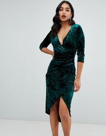 Бархатное платье миди изумрудного цвета с запахом TFNC - Зеленый 1340482