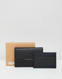 Черный кожаный бумажник 2 в 1 с кредитницей и серебристым тиснением AS ASOS DESIGN 1311756