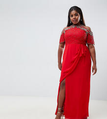 Красное платье макси с отделкой, открытыми плечами и запахом Virgos Lo Virgos Lounge Plus 1302351