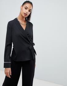 Черная атласная блузка с запахом и контрастной окантовкой Boohoo 1355845