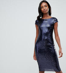 Темно-синее платье миди с короткими рукавами, открытой спиной и пайетк TFNC Tall 1340488