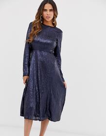 Темно-синее приталенное платье с длинными рукавами, пайетками и свобод Tfnc 1340442