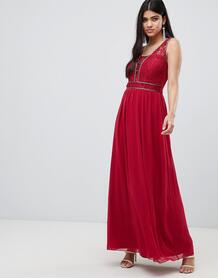 Ягодное платье макси с отделкой на талии Little Mistress - Красный 1304817
