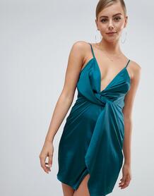 Сине-зеленое атласное платье с перекрученной отделкой Missguided 1346405