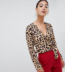 Блузка с леопардовым принтом, запахом и завязкой Boohoo Petite 1342400