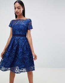 Кружевное приталенное платье с короткими рукавами Vesper - Темно-синий 1335726