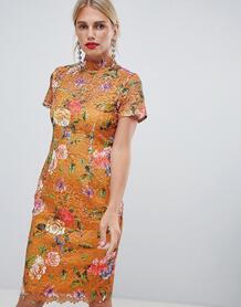 Платье-футляр горчичного цвета с принтом и высоким воротником Paper Do Paper Dolls 1295714