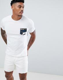 Белая футболка с камуфляжным принтом и логотипом на кармане Replay 1320738