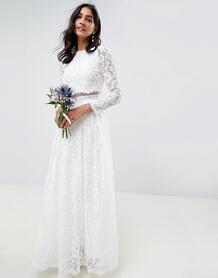 Кружевное свадебное платье макси с укороченным топом и длинными рукава ASOS Edition 1264173