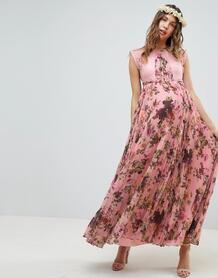 Платье макси с короткими рукавами и розовым цветочным принтом ASOS DES Asos Maternity 1239382
