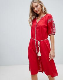 Платье миди с кисточками на поясе и вышивкой Hazel - Красный 1249780
