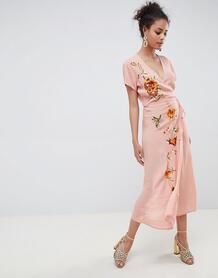 Платье макси с вышивкой и короткими рукавами Miss Selfridge - Розовый 1333288