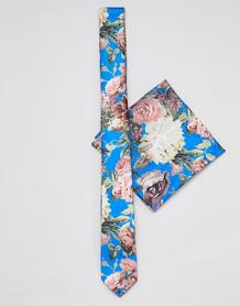 Узкий синий галстук и платок для нагрудного кармана с цветочным принто ASOS DESIGN 1305476