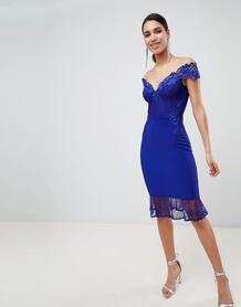 Платье миди с кружевным широким вырезом и баской Lipsy - Синий 1280876