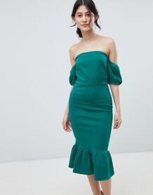 Платье миди с открытыми плечами и баской True Violet - Зеленый 1289306