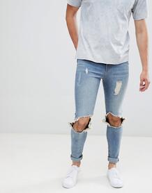 Выбеленные обтягивающие джинсы с рваными коленями Hoxton Denim - Синий 1176579