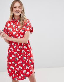 Платье-рубашка в горошек с цветочным принтом Monki - Красный 1283311