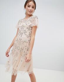 Платье миди со сплошной отделкой Miss Selfridge - Розовый 1309732