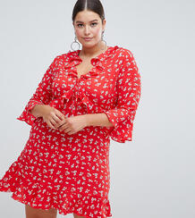 Чайное платье с цветочным принтом и оборками Boohoo Plus - Красный 1290927