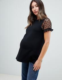 Футболка с рукавами в горошек и рюшами ASOS DESIGN - Черный Asos Maternity 1296782