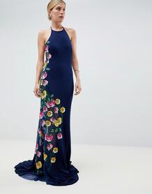 Платье макси с вышивкой сбоку Jovani - Синий 1263798