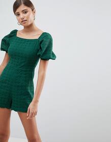 Ромпер с пышными рукавами и вышивкой ришелье Fashion Union - Зеленый 1235840