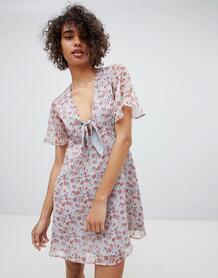 Чайное платье с завязкой и винтажным цветочным принтом Neon Rose 1256346