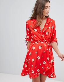 Платье с запахом, цветочным принтом и оборками Influence - Красный 1210888