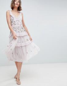 Ярусное платье миди с вышивкой Needle & Thread - Фиолетовый 1224505