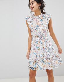 Платье мини с цветочным принтом, оборками и кружевом Forever New 1210920