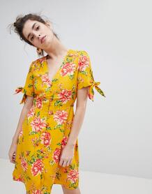 Чайное платье с завязками на рукавах Neon Rose - Желтый 1229493