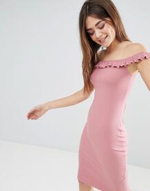 Платье миди в рубчик с оборками ASOS DESIGN - Розовый 1238265